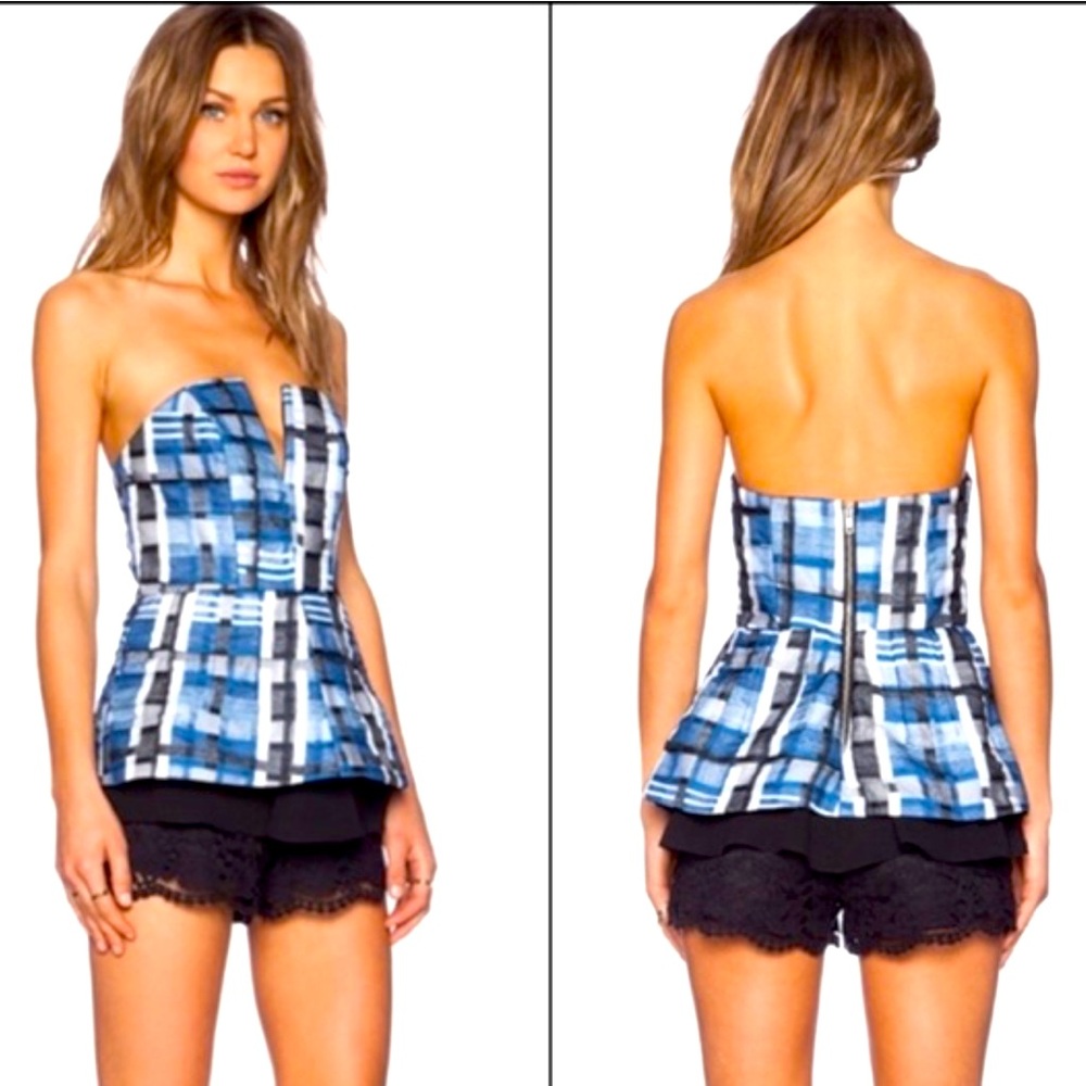 NBD Blue and Black Strapless Romper